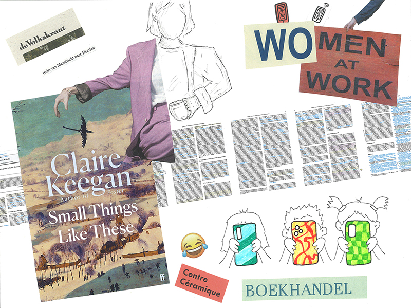 Collage with overlapping images, including hand-drawn illustrations of children with cell phones obscuring their faces, a faceless woman in a suit holding a mug, a crying laughing emoji, and magazine clippings.